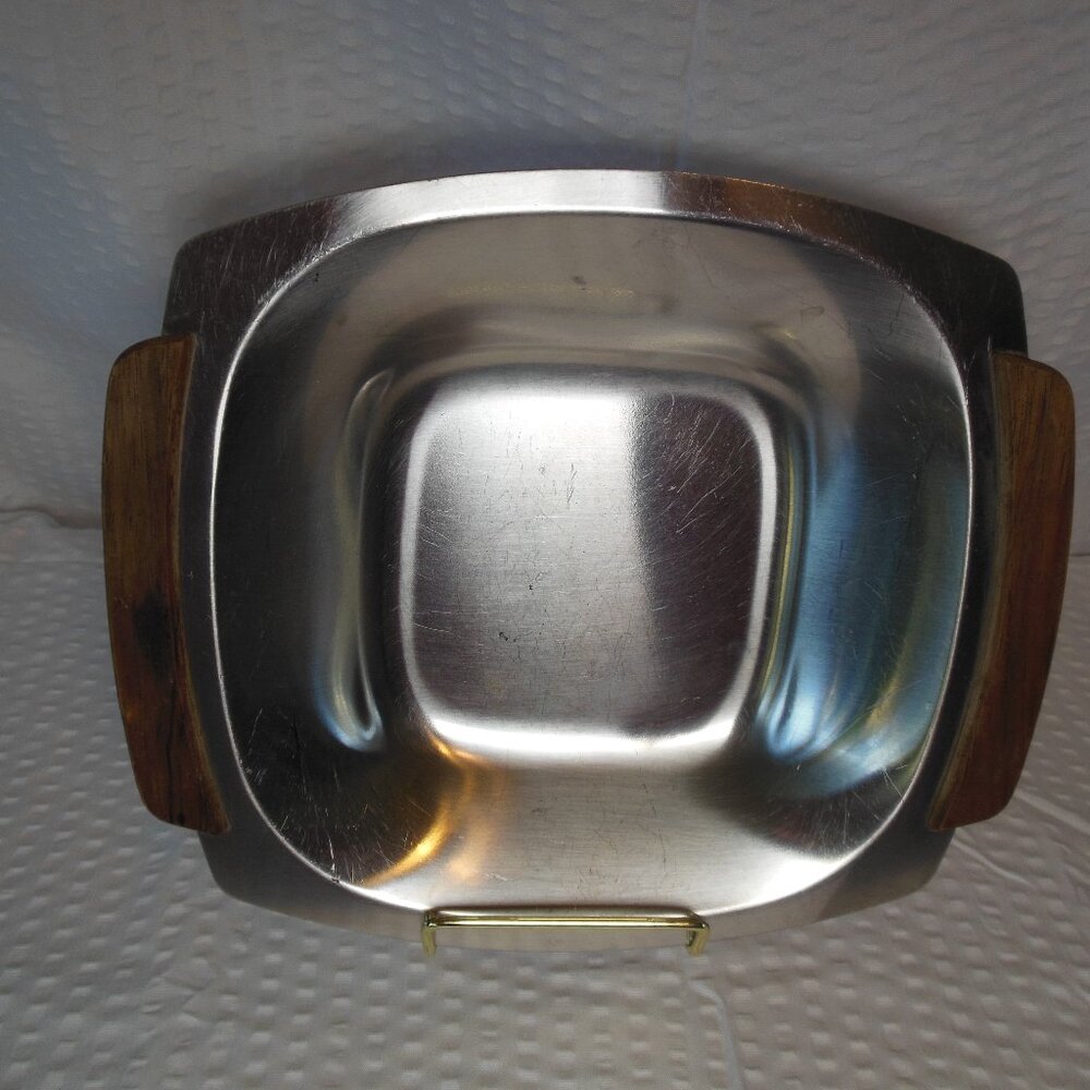 serving plate stainless steel by Selandia of Denmark square vintage MCM teakwood